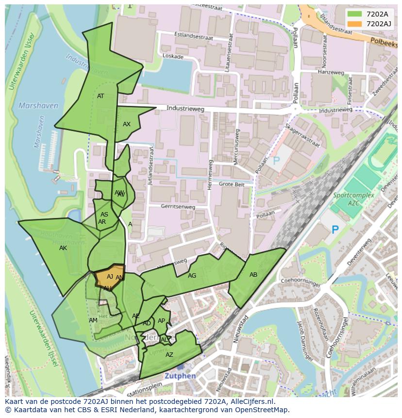 Afbeelding van het postcodegebied 7202 AJ op de kaart.