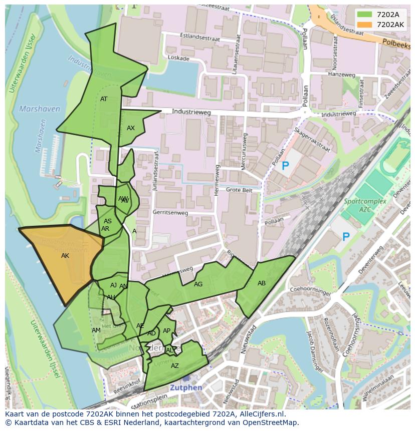Afbeelding van het postcodegebied 7202 AK op de kaart.
