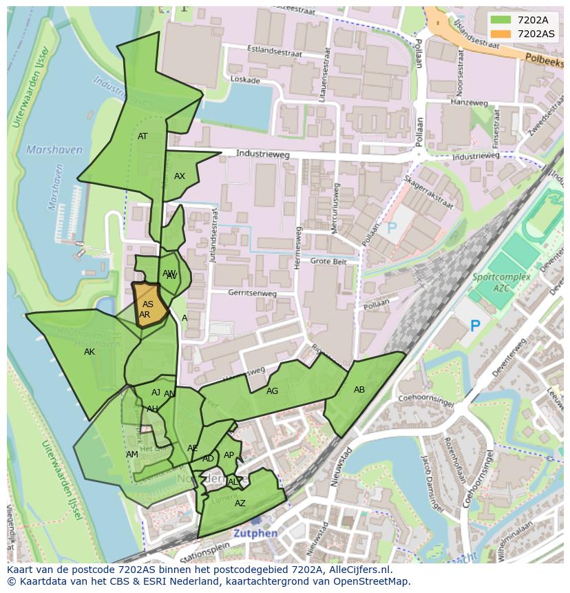 Afbeelding van het postcodegebied 7202 AS op de kaart.