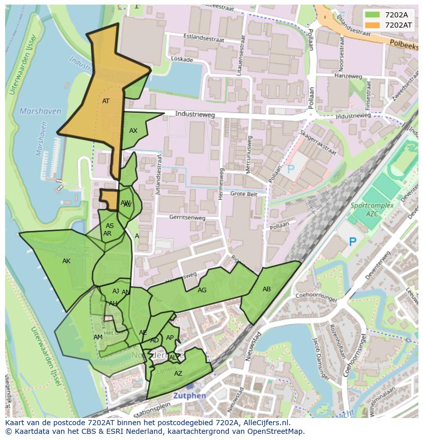 Afbeelding van het postcodegebied 7202 AT op de kaart.