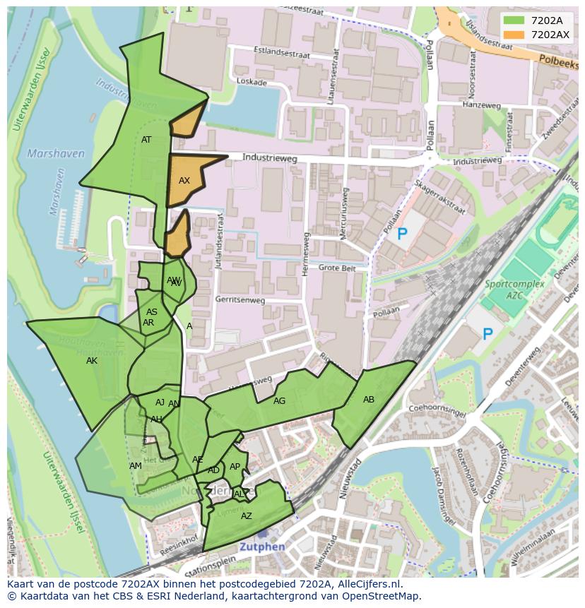 Afbeelding van het postcodegebied 7202 AX op de kaart.
