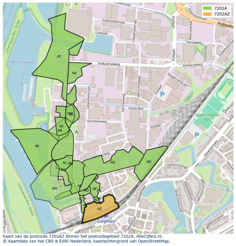 Afbeelding van het postcodegebied 7202 AZ op de kaart.
