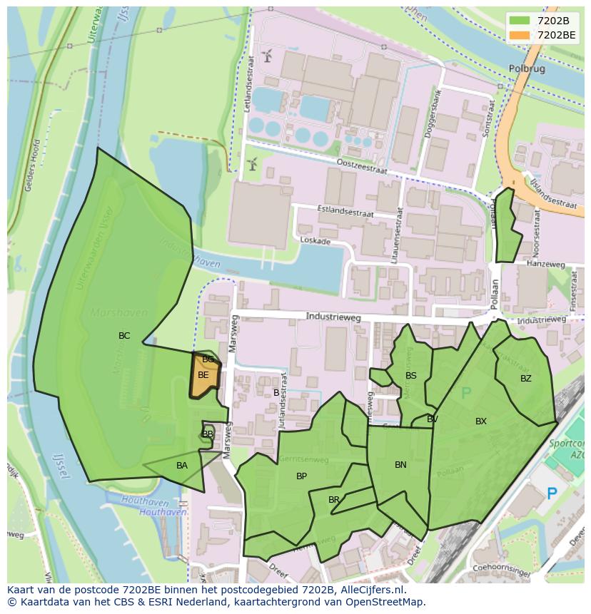 Afbeelding van het postcodegebied 7202 BE op de kaart.