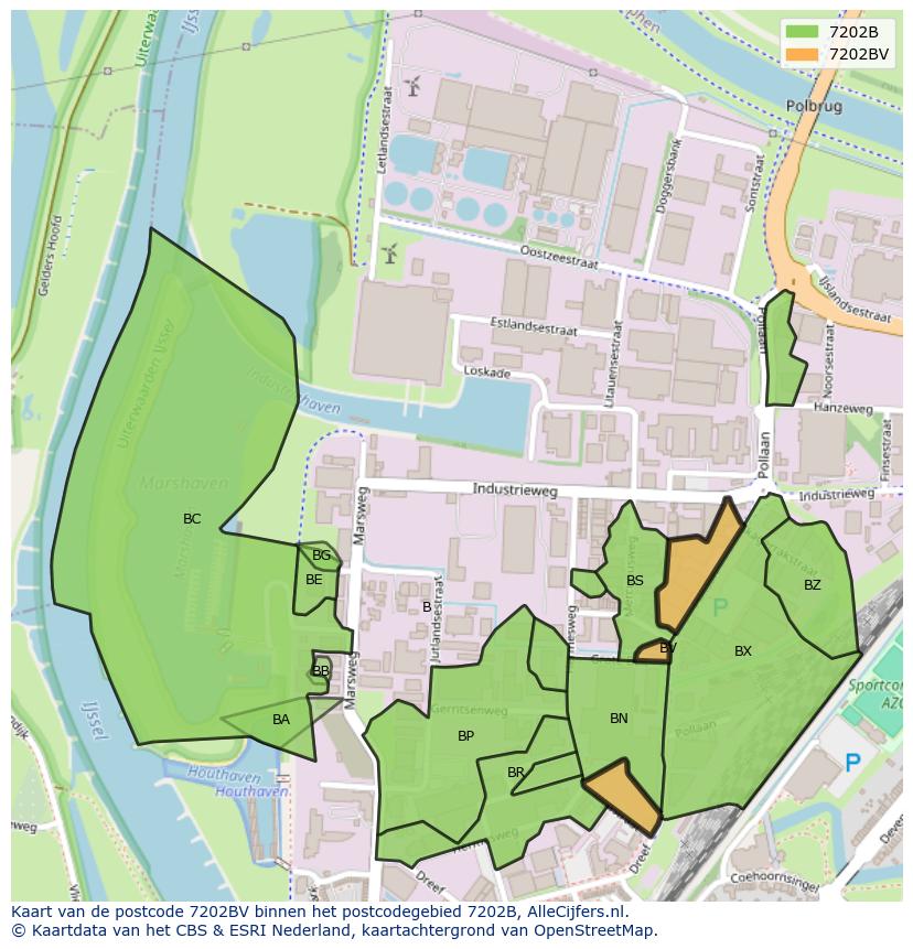 Afbeelding van het postcodegebied 7202 BV op de kaart.