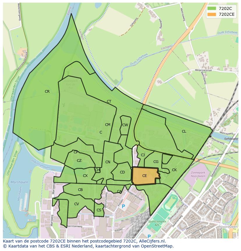 Afbeelding van het postcodegebied 7202 CE op de kaart.