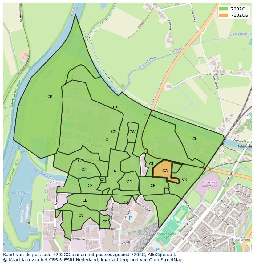 Afbeelding van het postcodegebied 7202 CG op de kaart.