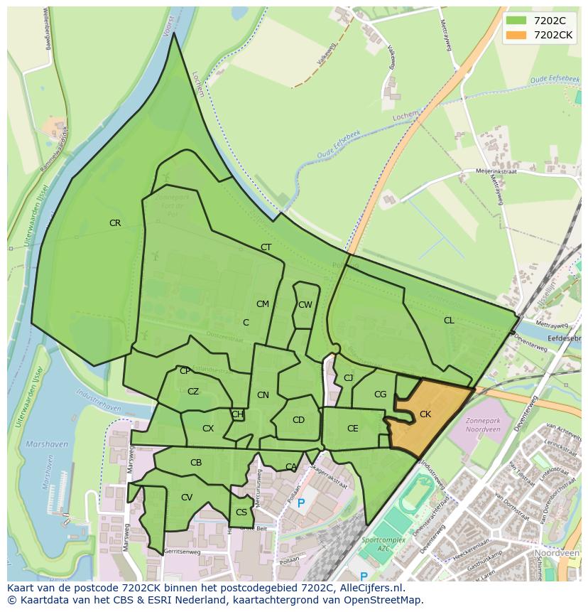 Afbeelding van het postcodegebied 7202 CK op de kaart.