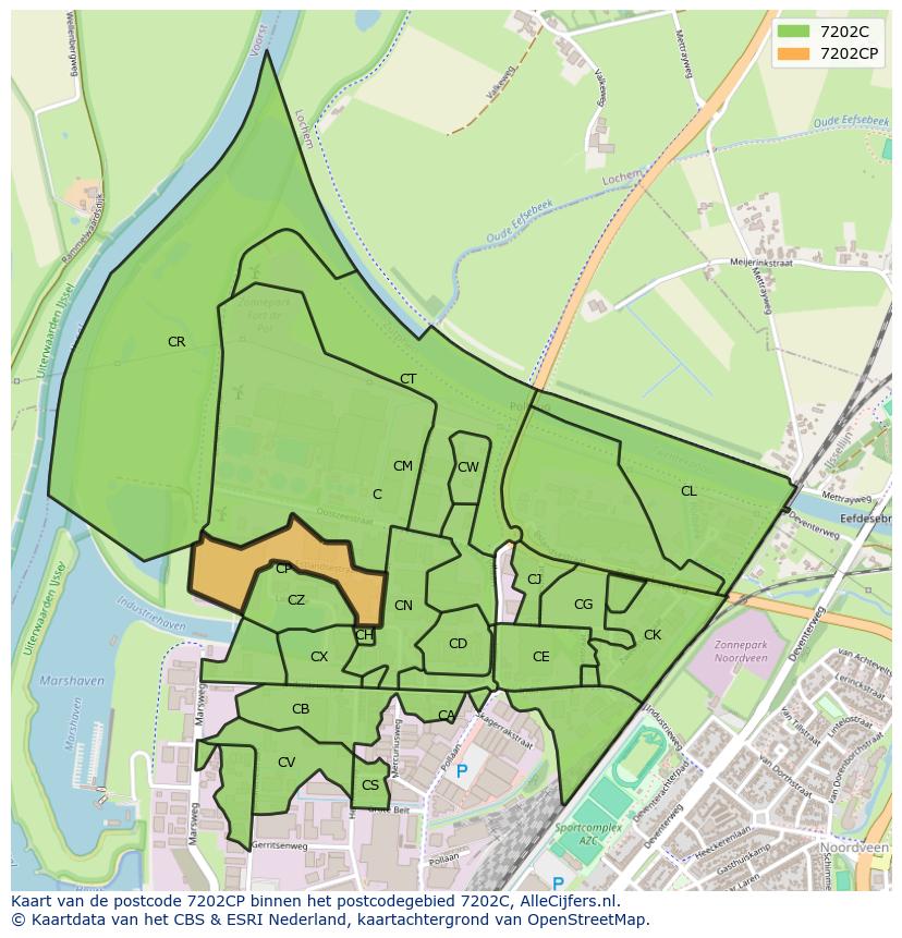 Afbeelding van het postcodegebied 7202 CP op de kaart.