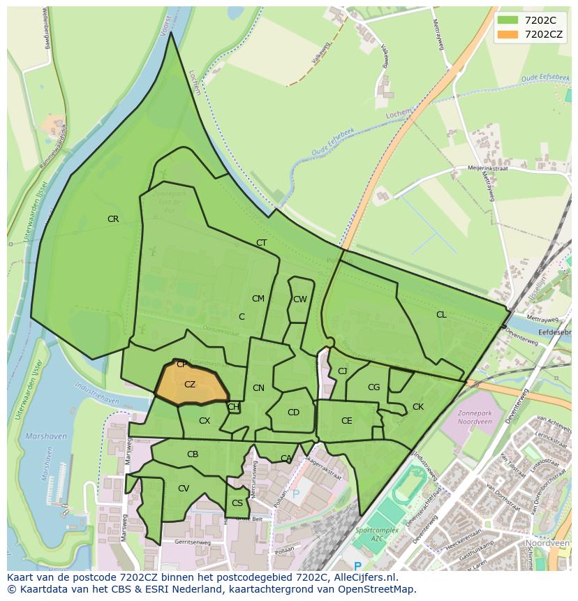 Afbeelding van het postcodegebied 7202 CZ op de kaart.