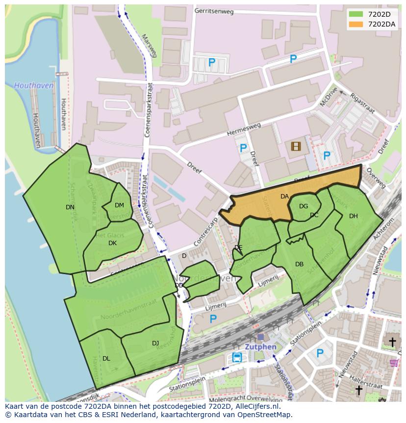 Afbeelding van het postcodegebied 7202 DA op de kaart.