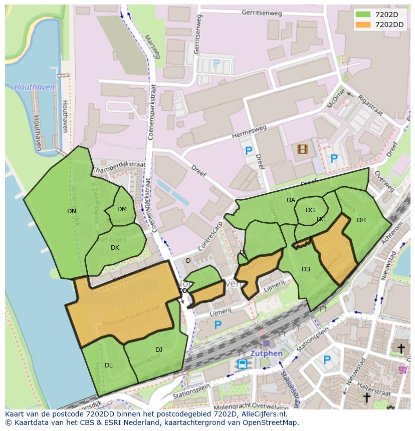 Afbeelding van het postcodegebied 7202 DD op de kaart.