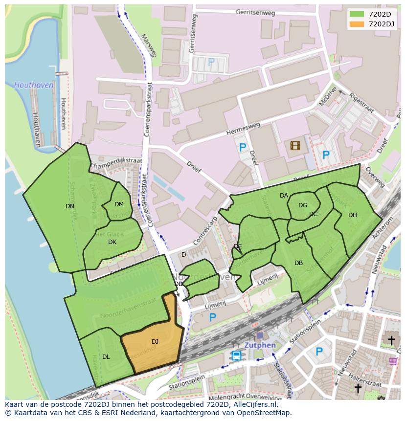 Afbeelding van het postcodegebied 7202 DJ op de kaart.