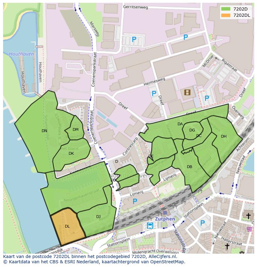 Afbeelding van het postcodegebied 7202 DL op de kaart.