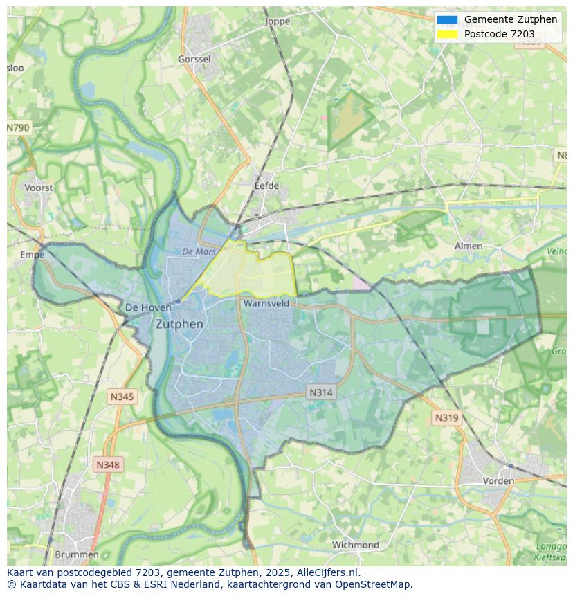 Afbeelding van het postcodegebied 7203 op de kaart.