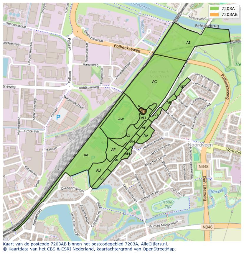 Afbeelding van het postcodegebied 7203 AB op de kaart.