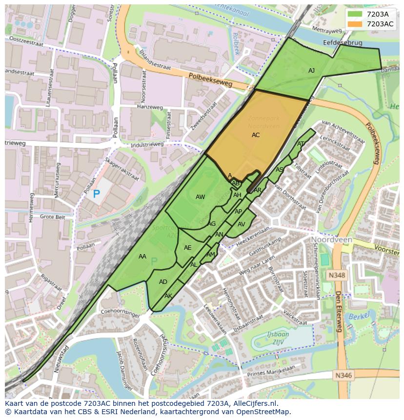Afbeelding van het postcodegebied 7203 AC op de kaart.