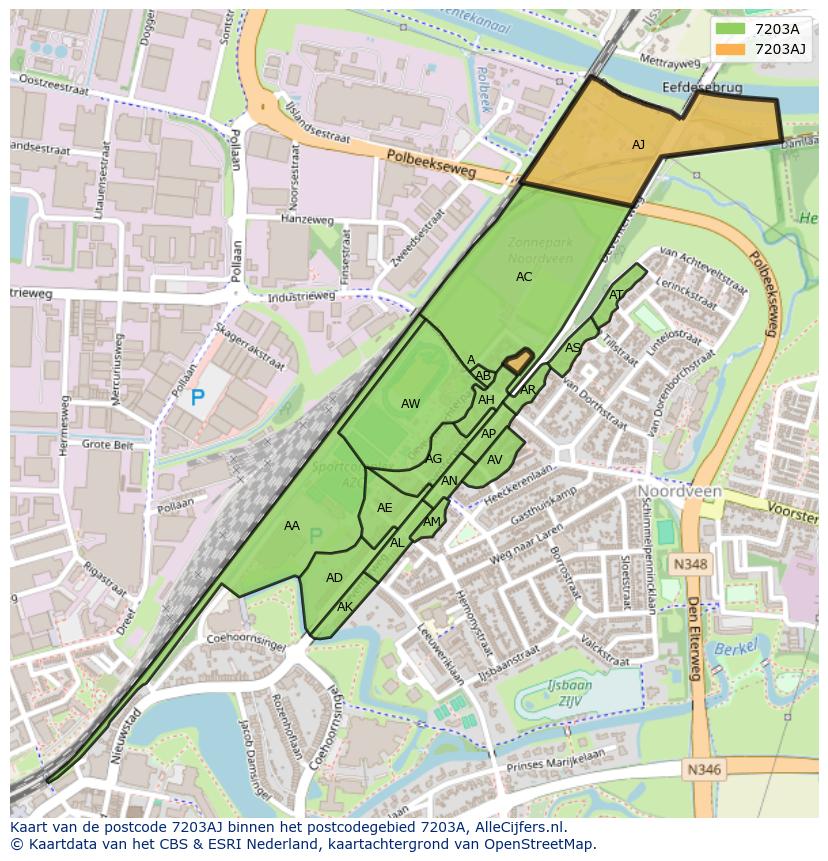 Afbeelding van het postcodegebied 7203 AJ op de kaart.