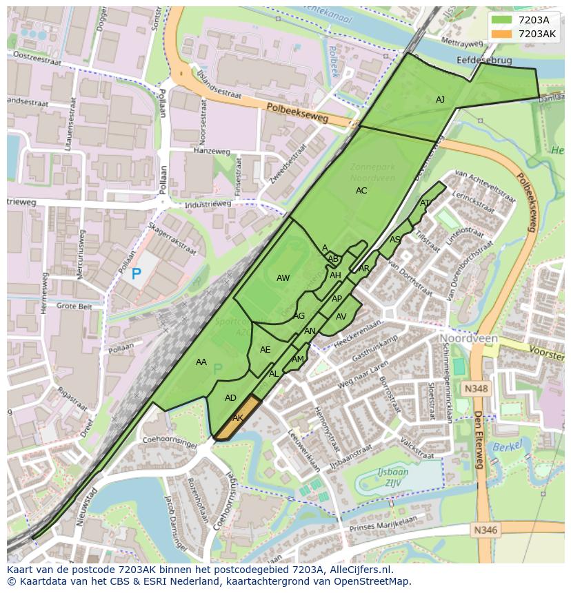 Afbeelding van het postcodegebied 7203 AK op de kaart.