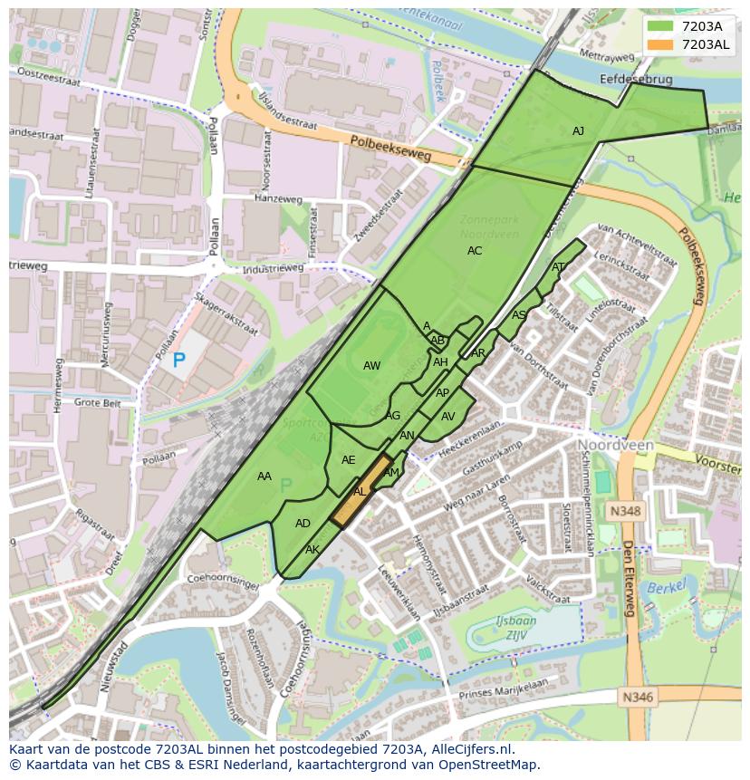 Afbeelding van het postcodegebied 7203 AL op de kaart.