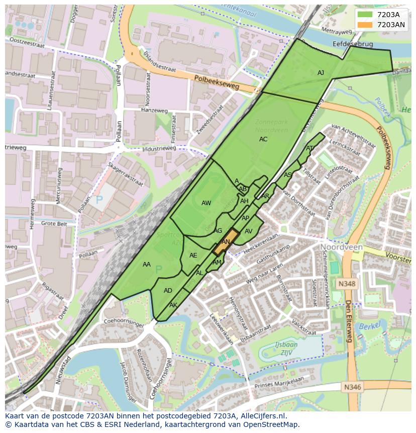 Afbeelding van het postcodegebied 7203 AN op de kaart.
