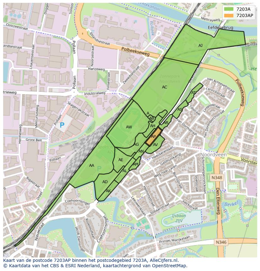 Afbeelding van het postcodegebied 7203 AP op de kaart.