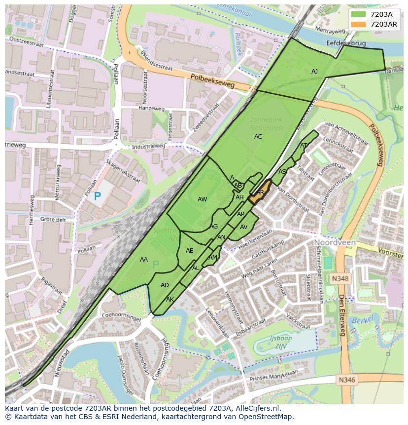 Afbeelding van het postcodegebied 7203 AR op de kaart.
