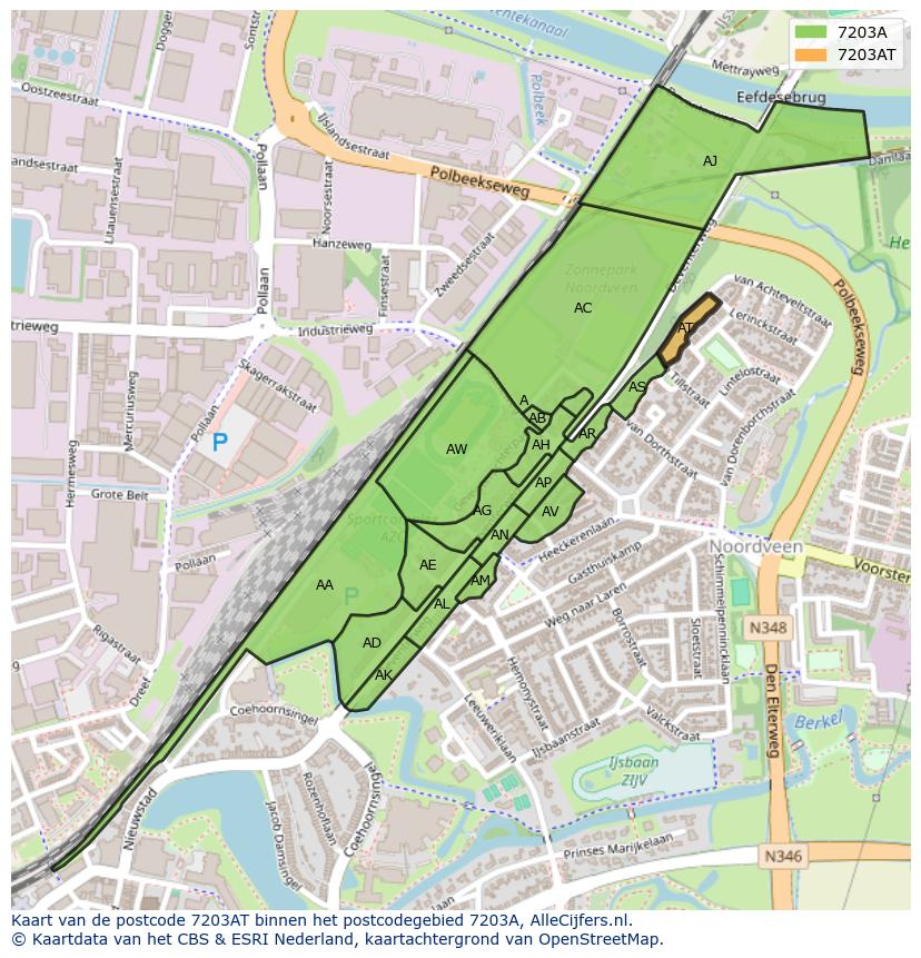 Afbeelding van het postcodegebied 7203 AT op de kaart.