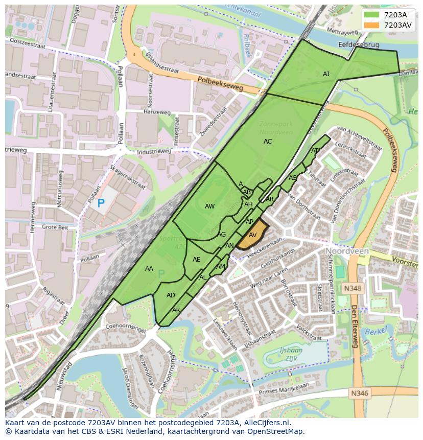 Afbeelding van het postcodegebied 7203 AV op de kaart.
