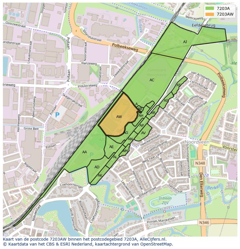Afbeelding van het postcodegebied 7203 AW op de kaart.