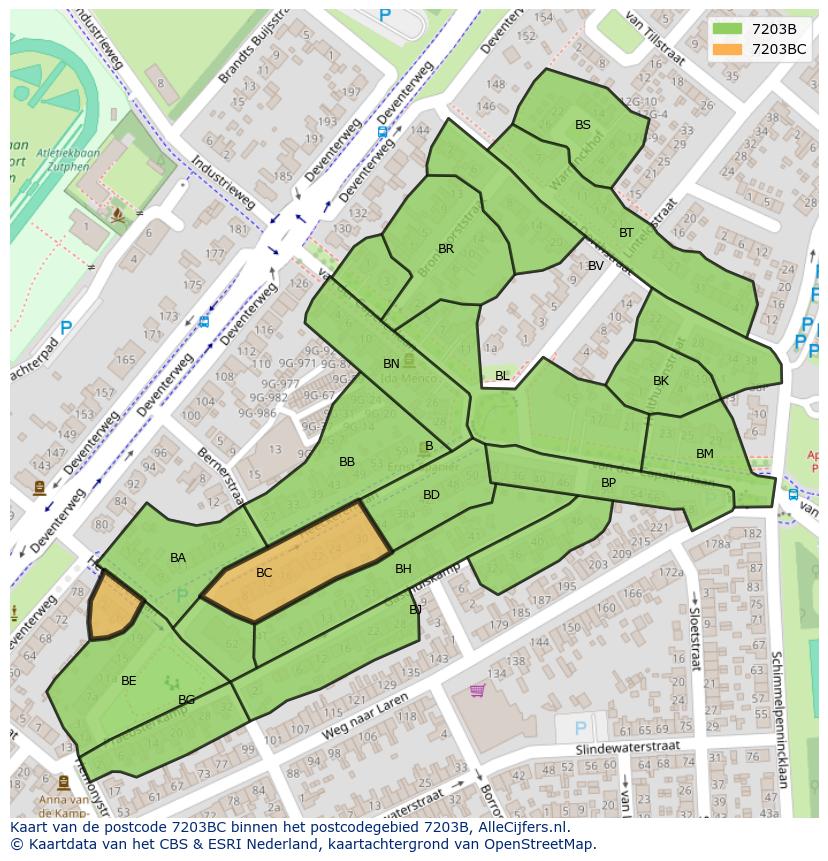 Afbeelding van het postcodegebied 7203 BC op de kaart.