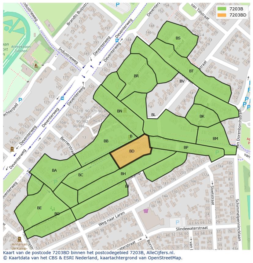 Afbeelding van het postcodegebied 7203 BD op de kaart.