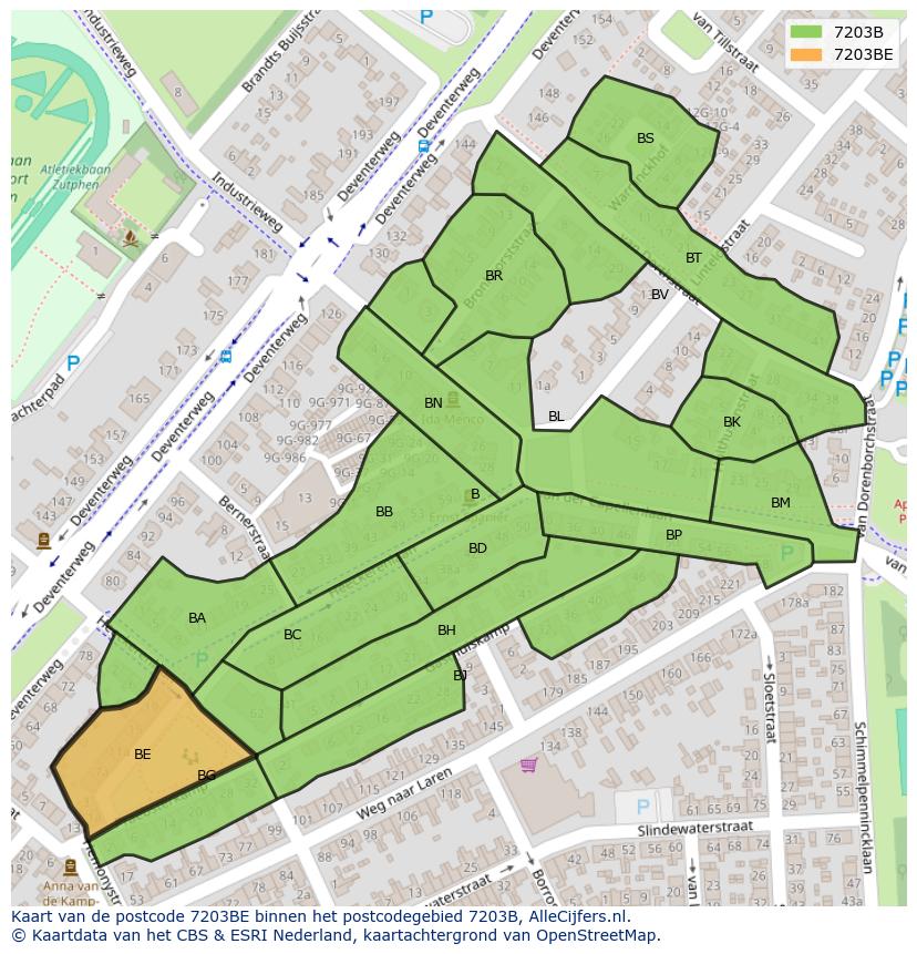 Afbeelding van het postcodegebied 7203 BE op de kaart.