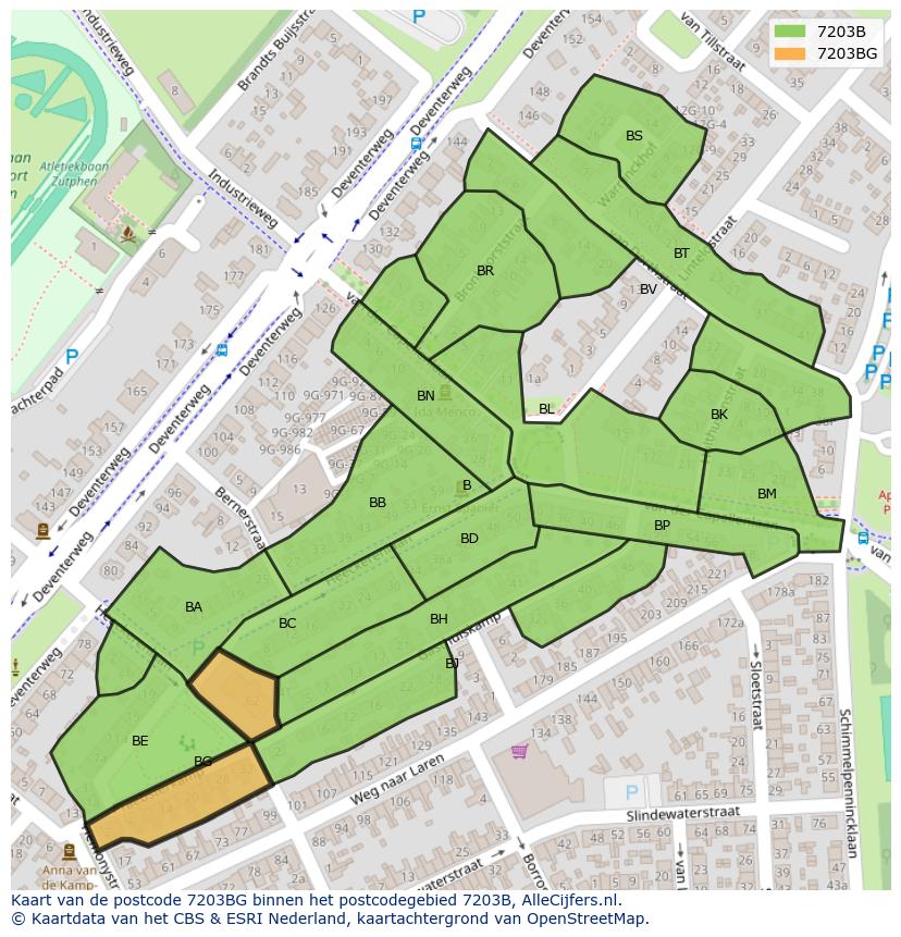 Afbeelding van het postcodegebied 7203 BG op de kaart.