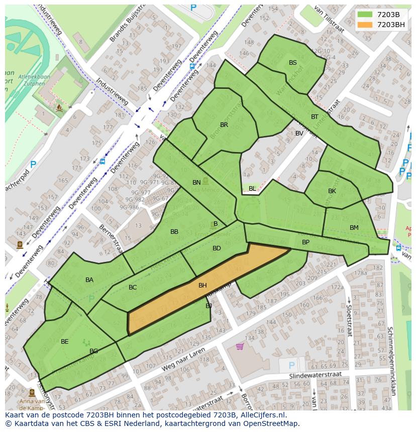 Afbeelding van het postcodegebied 7203 BH op de kaart.