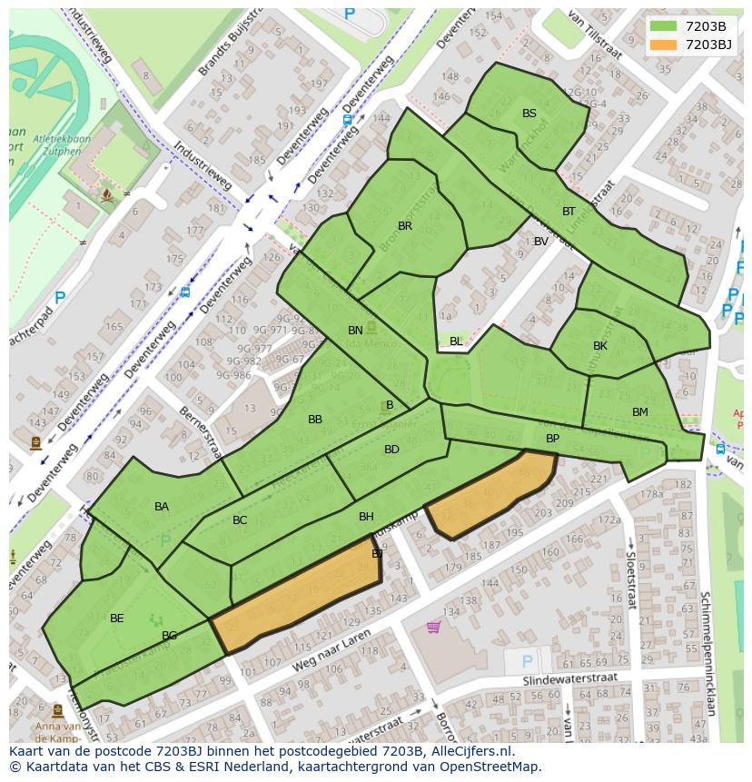 Afbeelding van het postcodegebied 7203 BJ op de kaart.
