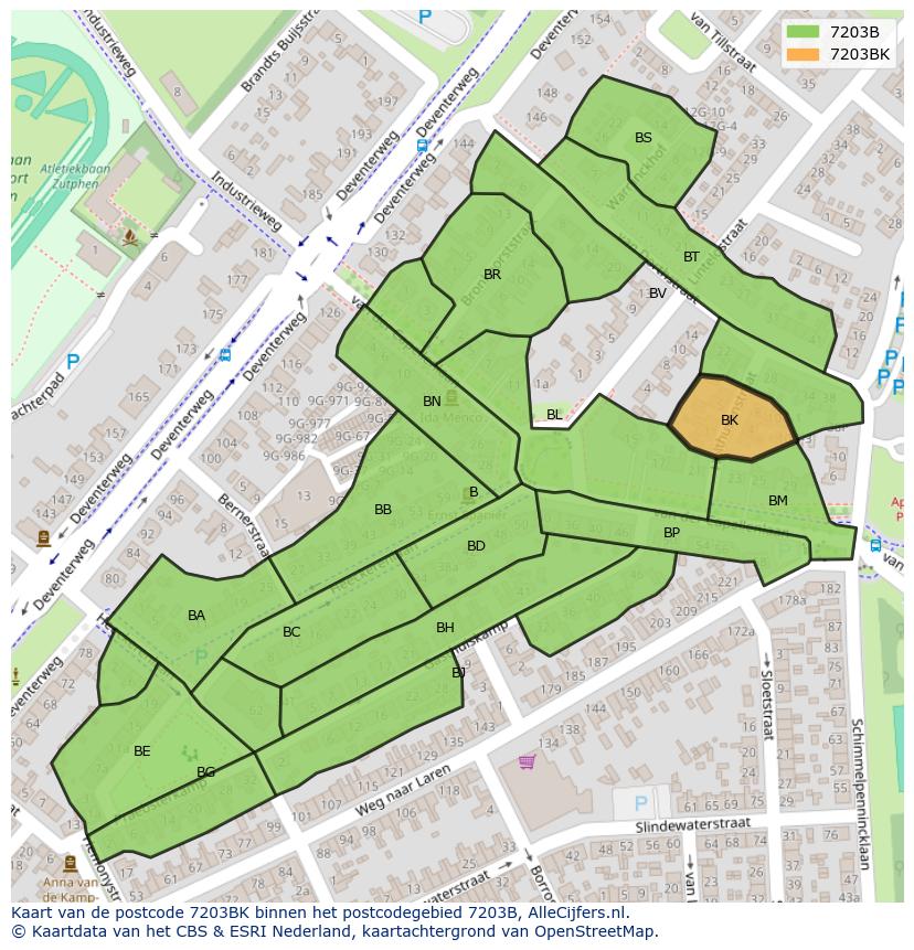 Afbeelding van het postcodegebied 7203 BK op de kaart.