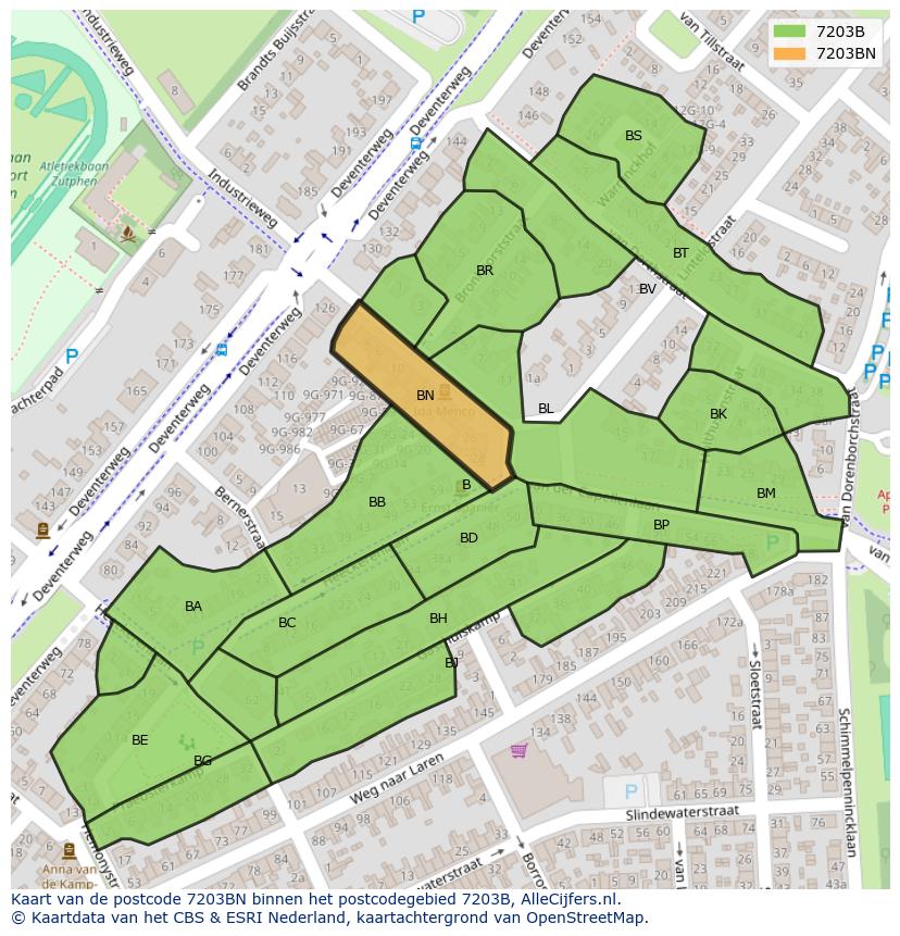 Afbeelding van het postcodegebied 7203 BN op de kaart.