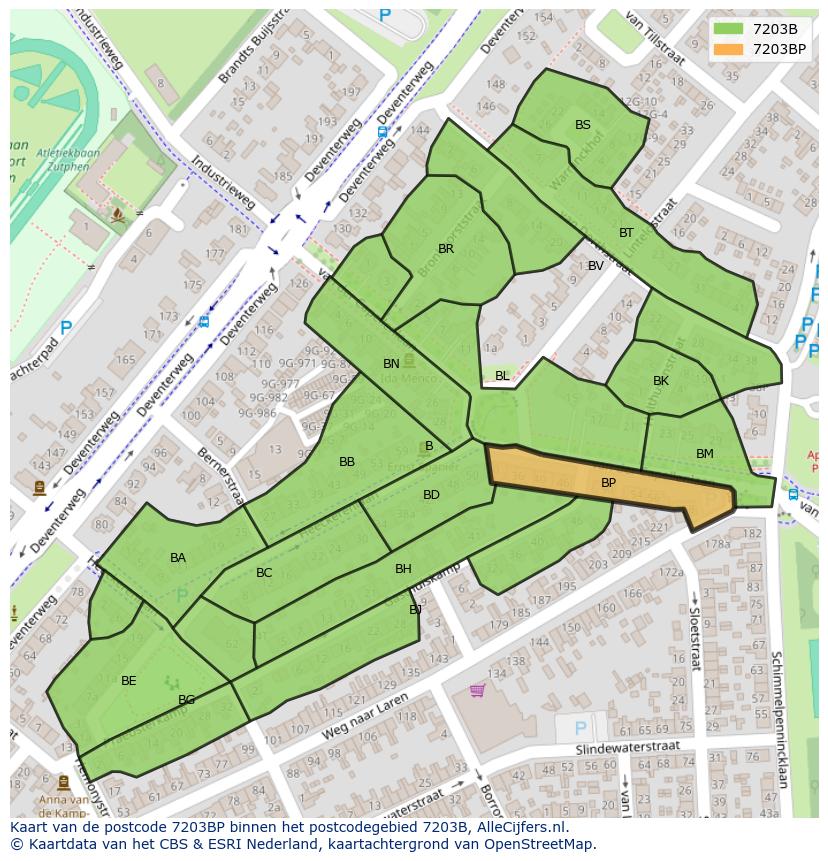 Afbeelding van het postcodegebied 7203 BP op de kaart.
