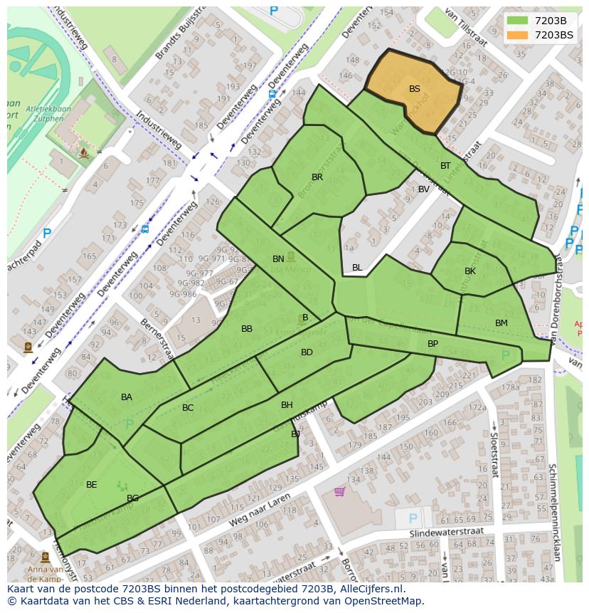 Afbeelding van het postcodegebied 7203 BS op de kaart.