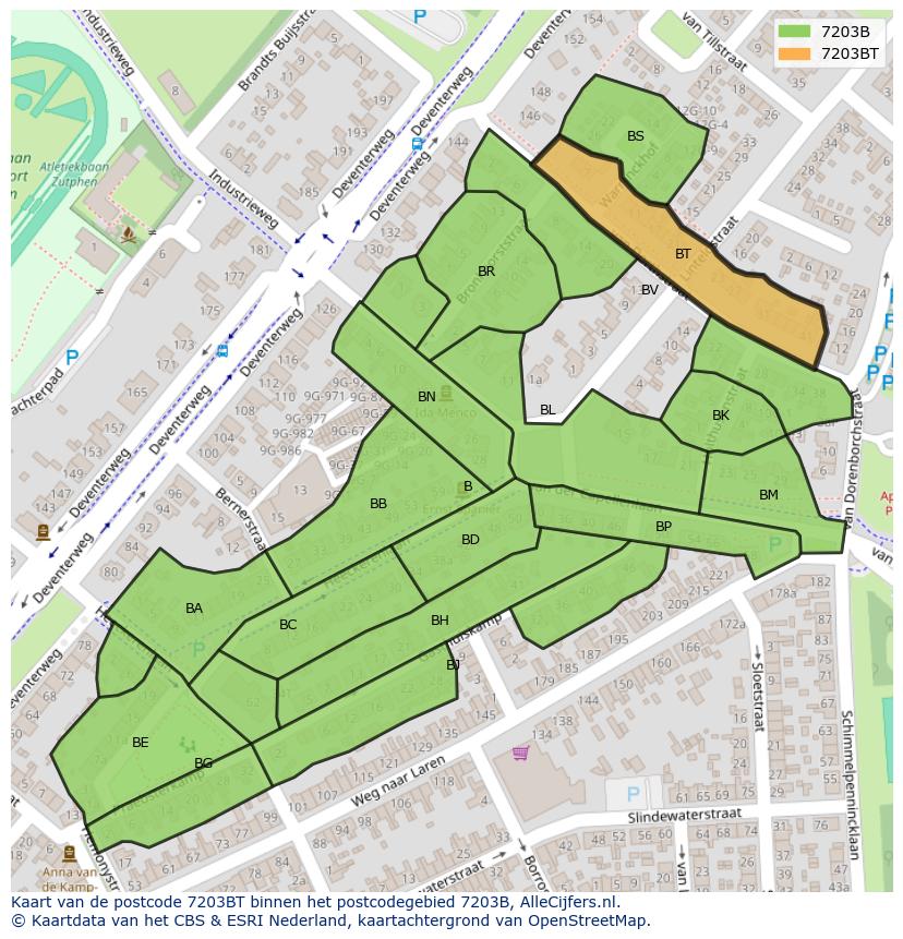 Afbeelding van het postcodegebied 7203 BT op de kaart.