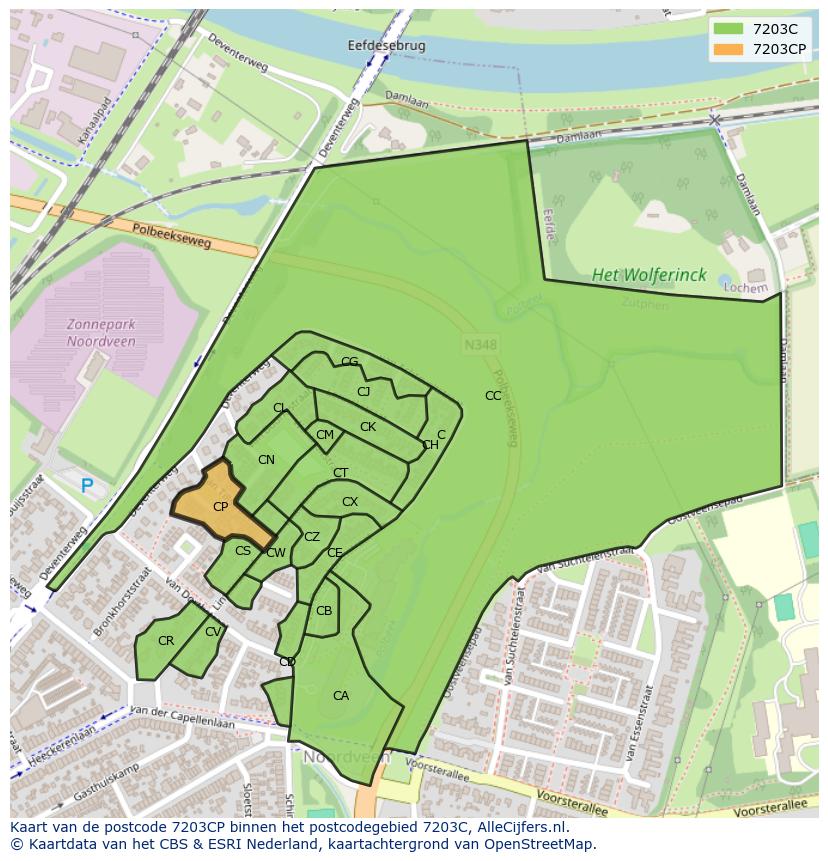Afbeelding van het postcodegebied 7203 CP op de kaart.