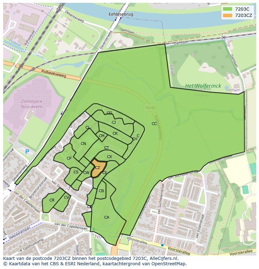 Afbeelding van het postcodegebied 7203 CZ op de kaart.