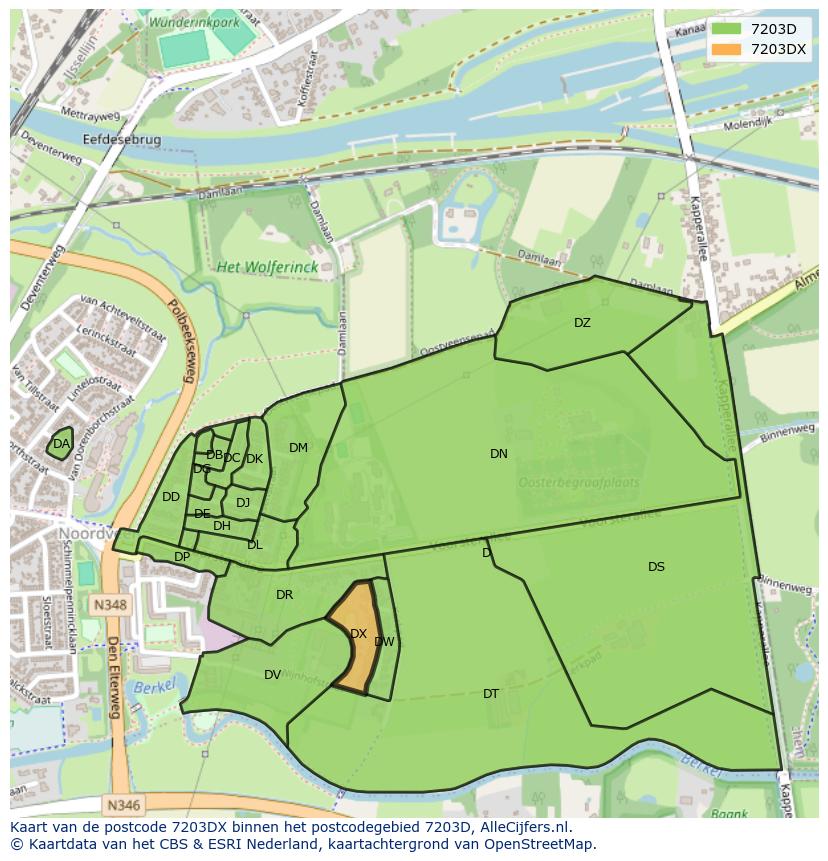 Afbeelding van het postcodegebied 7203 DX op de kaart.