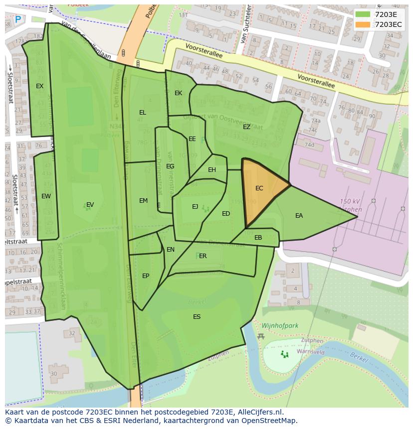 Afbeelding van het postcodegebied 7203 EC op de kaart.