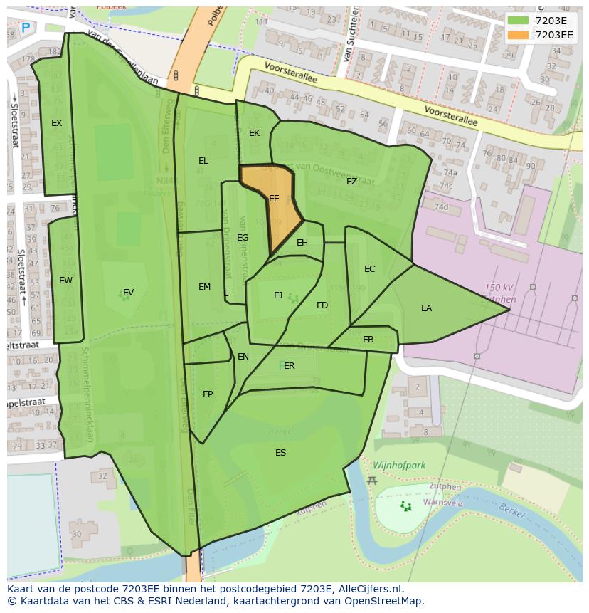 Afbeelding van het postcodegebied 7203 EE op de kaart.