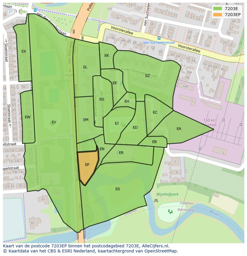 Afbeelding van het postcodegebied 7203 EP op de kaart.