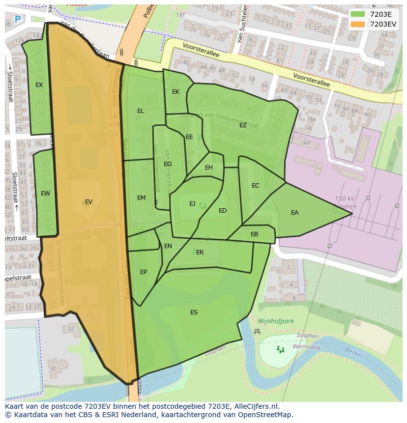 Afbeelding van het postcodegebied 7203 EV op de kaart.