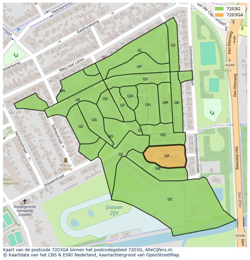 Afbeelding van het postcodegebied 7203 GA op de kaart.