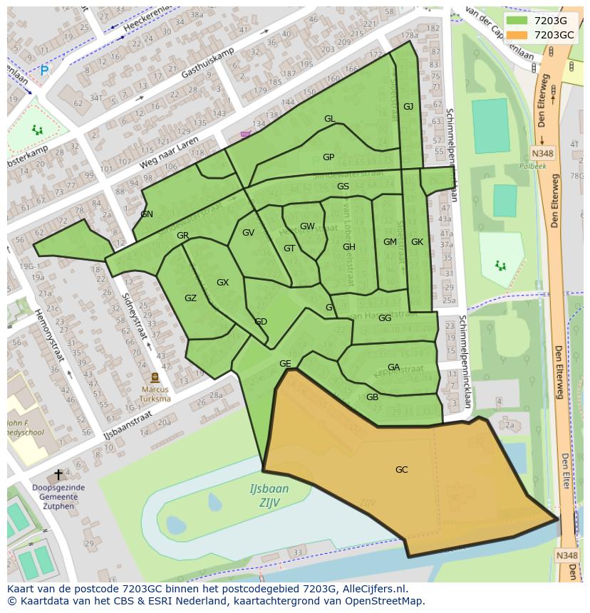 Afbeelding van het postcodegebied 7203 GC op de kaart.