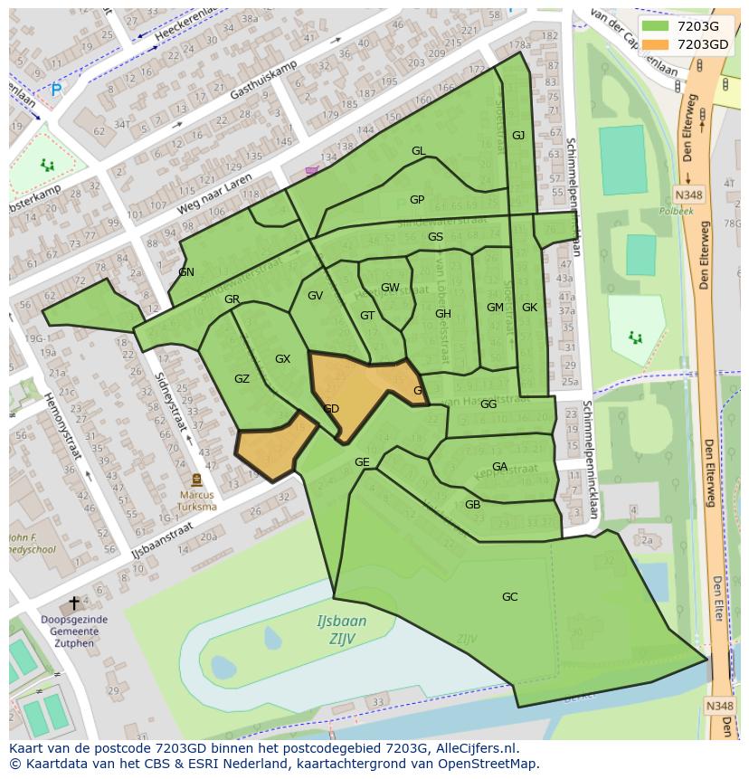 Afbeelding van het postcodegebied 7203 GD op de kaart.